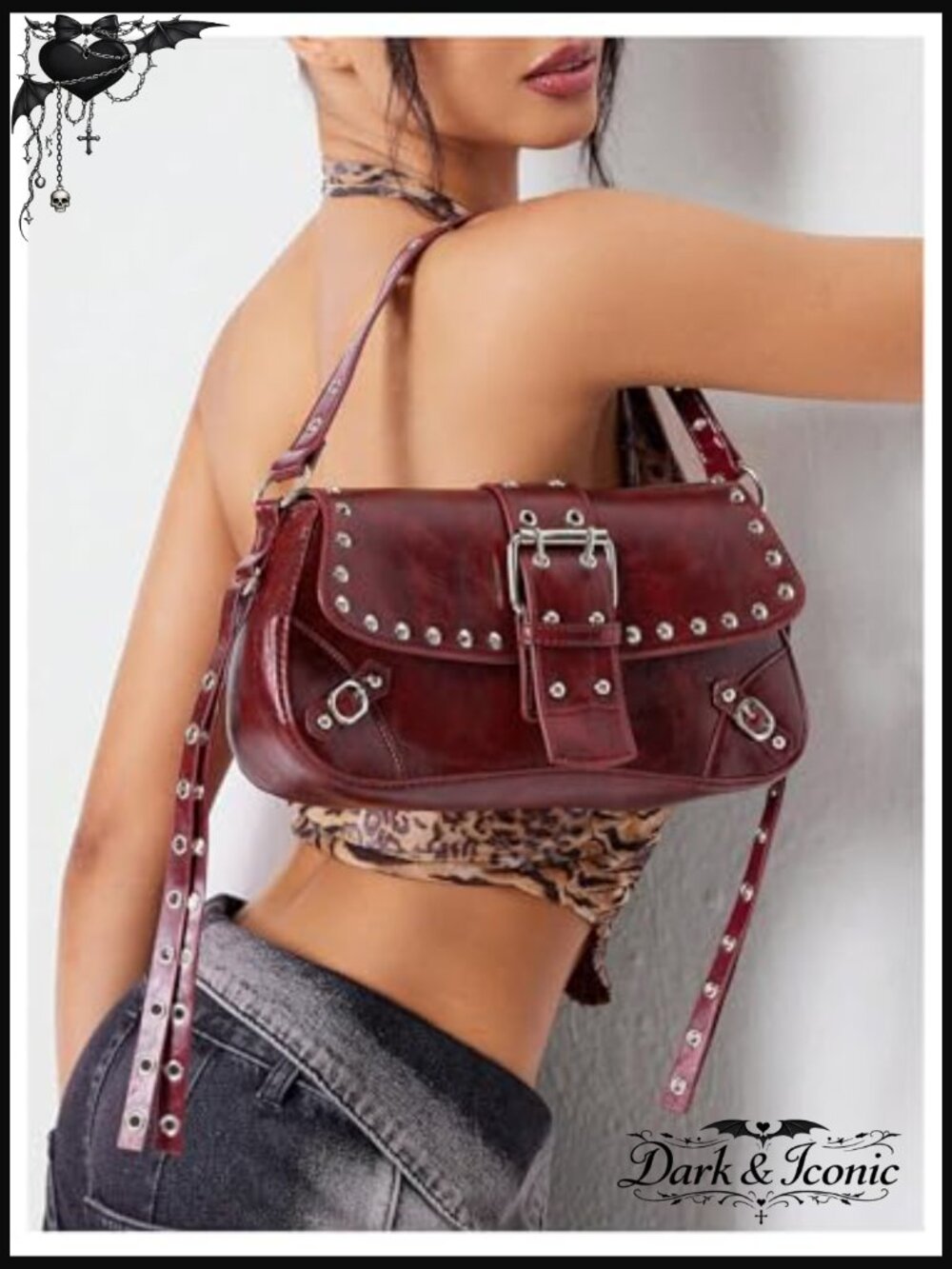 Studded Leather Shoulder Bag with Flap Buckle Closure and Top Handle - Picture 3 of 7